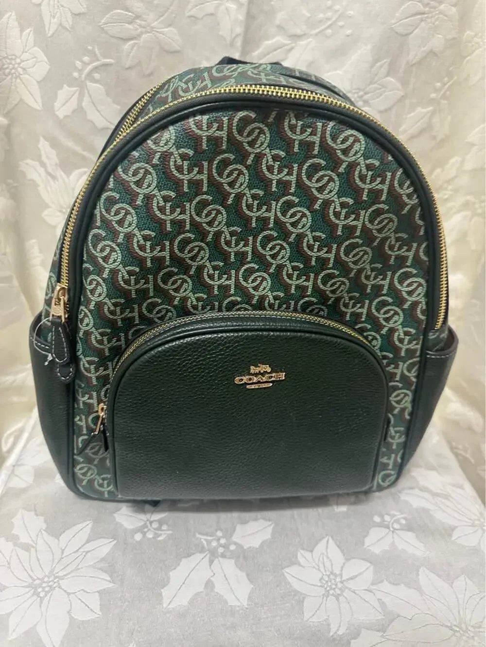 New Coach Green Monogram Backpack leather. B-286